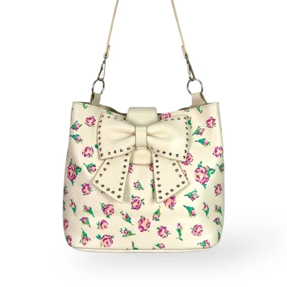 Betsey Johnson Bucket Bag Women Cream Floral Studded Bow Coquette Rockabilly